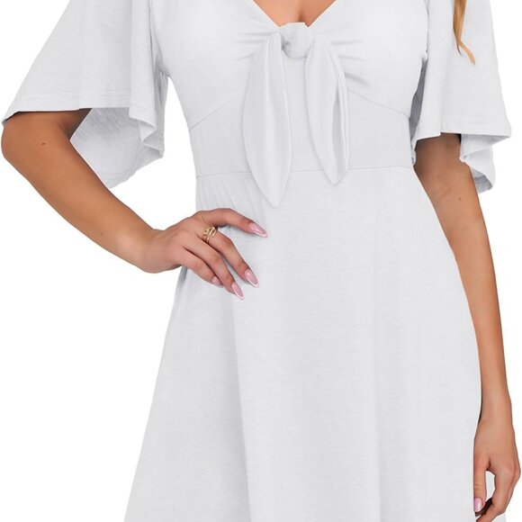 Women’s Casual Summer Mini Dress V Neck Short Sleeve Beach Wedding Wear - Picture 1 of 7